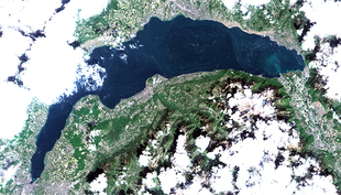 Aus fast 800 km Höhe sichtbar: Blütenstaub auf dem Genfersee. (Foto: Sentinel-2; 10 m Auflösung)