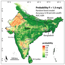 The new computer model created by Eawag researchers generates a map that shows which regions in India have a high likelihood of fluoride in groundwater exceeding the threshold of 1.5 milligrams per litre. (Image: Podgorski et al., 2018)