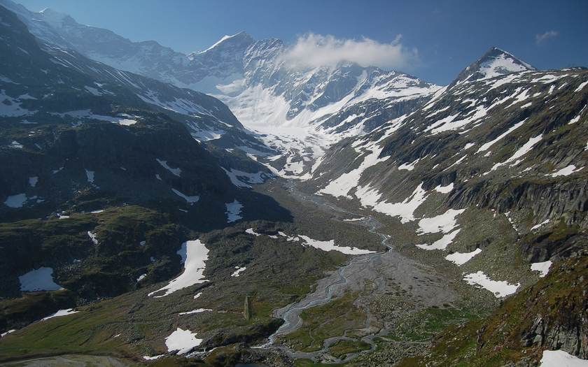 Ein Gletscherbach schlängelt sich durch die Felder des Odenwinkelkees, Hohen Tauern, Österreich. Je weiter sich der Gletscher zurückzieht, umso wärmer wird das Wasser im unteren Teil des Flusses. (Foto: Lee Brown)