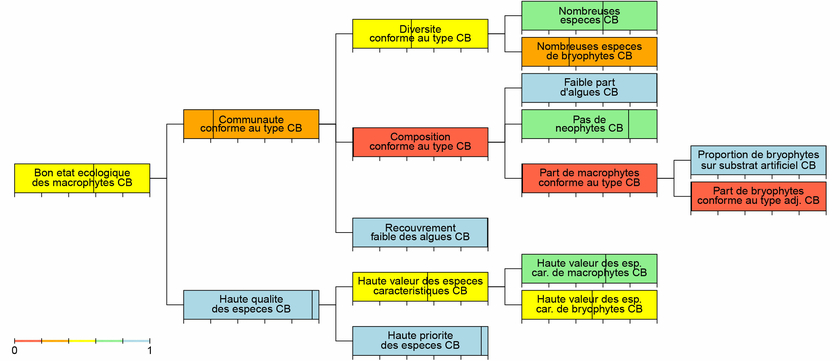 Hiérarchie et évaluation des objectifs à tous les niveaux pour l’évaluation écologique des communautés de macrophytes dans un cours d’eau à bryophytes (CB) selon le système modulaire gradué.