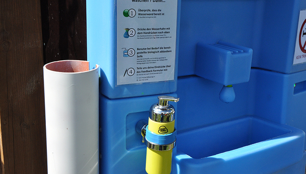 Hand washing station that treats and reuses grey water. (Eawag, Michel Riechmann)