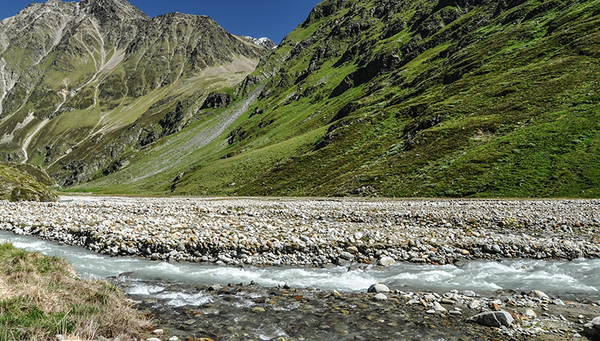 Im Vergleich: Hinten der vom Gletscher gespeiste Fluss mit getrübtem Kaltwasser, vorne der Zufluss aus wärmerem, klarem Wasser. Für viele Kleinstlebewesen sind diese eiskalten Gewässer der ideale und einzige Lebensraum. (Foto: Lee Brown)