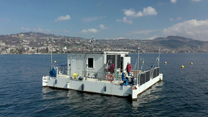 The floating laboratory LéXPLORE on Lake Geneva. (Photo: Natacha Tofield-Pasche, EPFL)