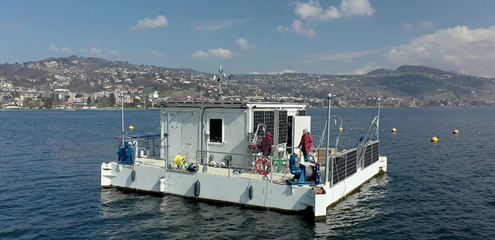 The floating laboratory LéXPLORE on Lake Geneva. (Photo: Natacha Tofield-Pasche, EPFL)