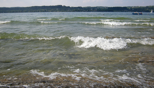 Wird Seewasser über Sandfilter filtriert würde darin vorhandenes Mikroplastik effizient zurückgehalten. Zürichsee. (Bild: Andri Bryner, Eawag)