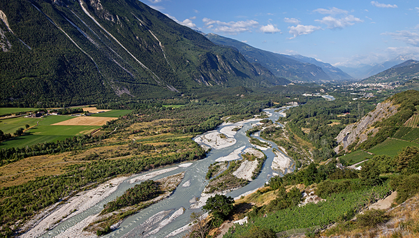 View from Varen Church of the Pfynwald floodplain with the Rhone (looking downstream), gravel banks and dry gravel terraces with a pine forest. (Photo: Jan Ryser/FOEN)