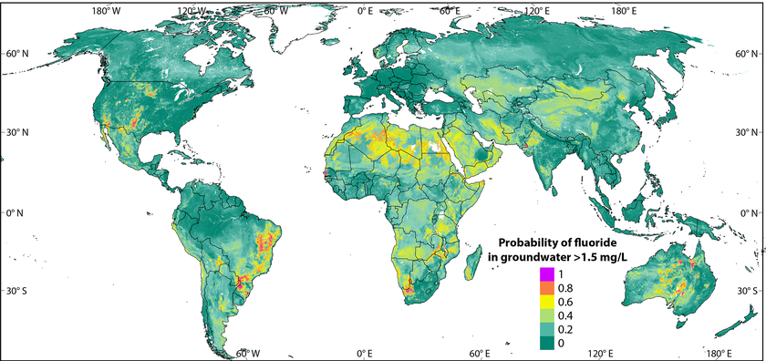 The map shows the nationwide probability of fluoride concentration in groundwater exceeding the threshold limits set by the World Health Organisation. Virtually all of Africa and large parts of Asia have potentially hazardous fluoride exposure. An interactive version of the map is available on the GIS-Platform gapmaps.org.