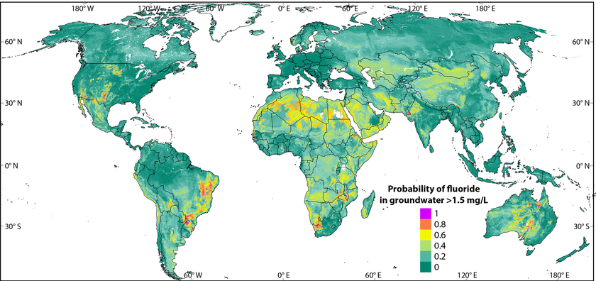 La carte montre sur l’ensemble de la terre avec quelle probabilité la concentration de fluor dans les eaux souterraines dépasse la valeur limite fixée par l’organisation mondiale de la santé. Quasi toute l’Afrique et une grande partie de l’Asie présentent une pollution au fluor potentiellement dangereuse. Une version interactive de la carte est disponible sur la plateforme GIS gapmaps.org.