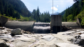 The weir of the Wannebode small hydroelectric power station near Reckingen (VS) interrupts the continuum of the Blinnenbach. (Photo: Eawag)