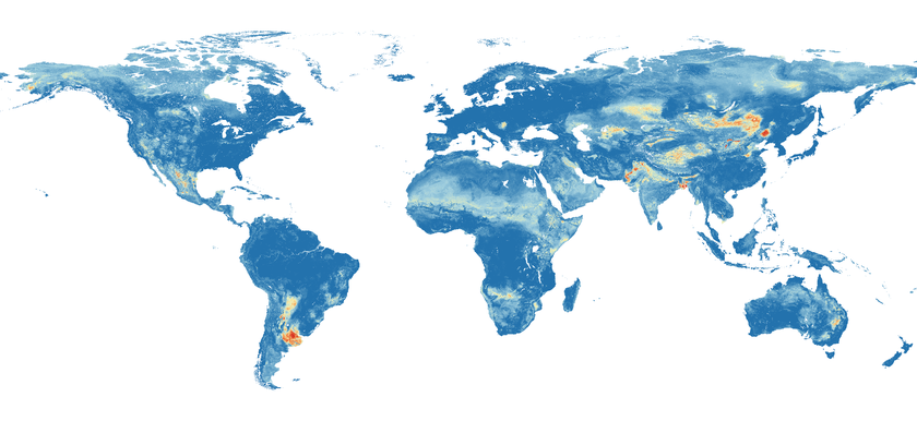 Carte globale du risque de pollution à l’arsenic dans les nappes phréatiques: le rouge représente une forte probabilité, le bleu foncé une faible probabilité de trouver plus de 10 microgrammes d’arsenic par litre d’eau provenant de la nappe phréatique. (graphique: Podgorski et al., 2020)